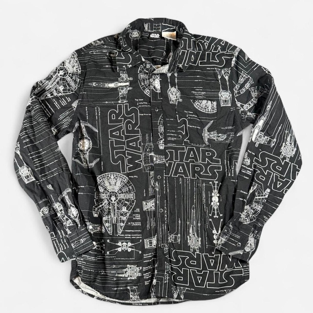 Star Wars Black Blueprints Long Sleeve Button Up Shirt Size Medium